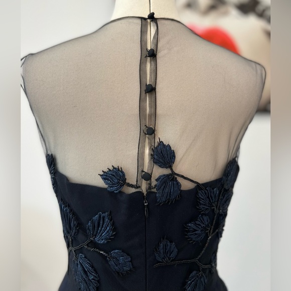 Carolina Herrera Navy Beaded And Appliqued Tulle Mid Length Dress